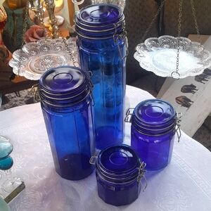Set of 4 Cobalt Blue Glass Canisters
